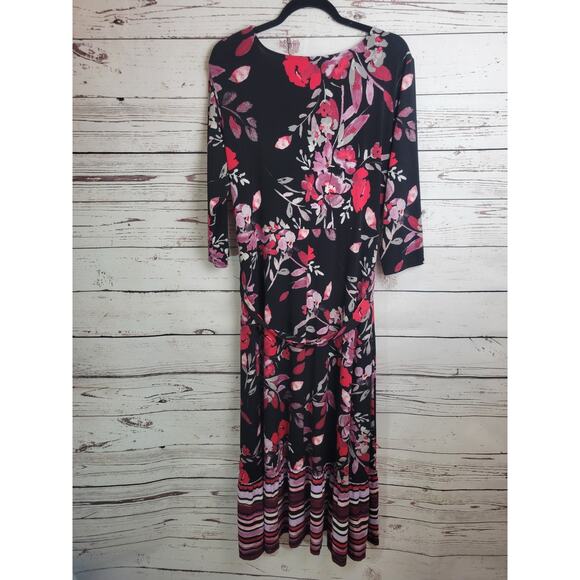 Du Joir Black Red Floral V-Neck 3/4 Sleeve Faux Wrap Maxi Dress Women's Sz XLP - Picture 12 of 16